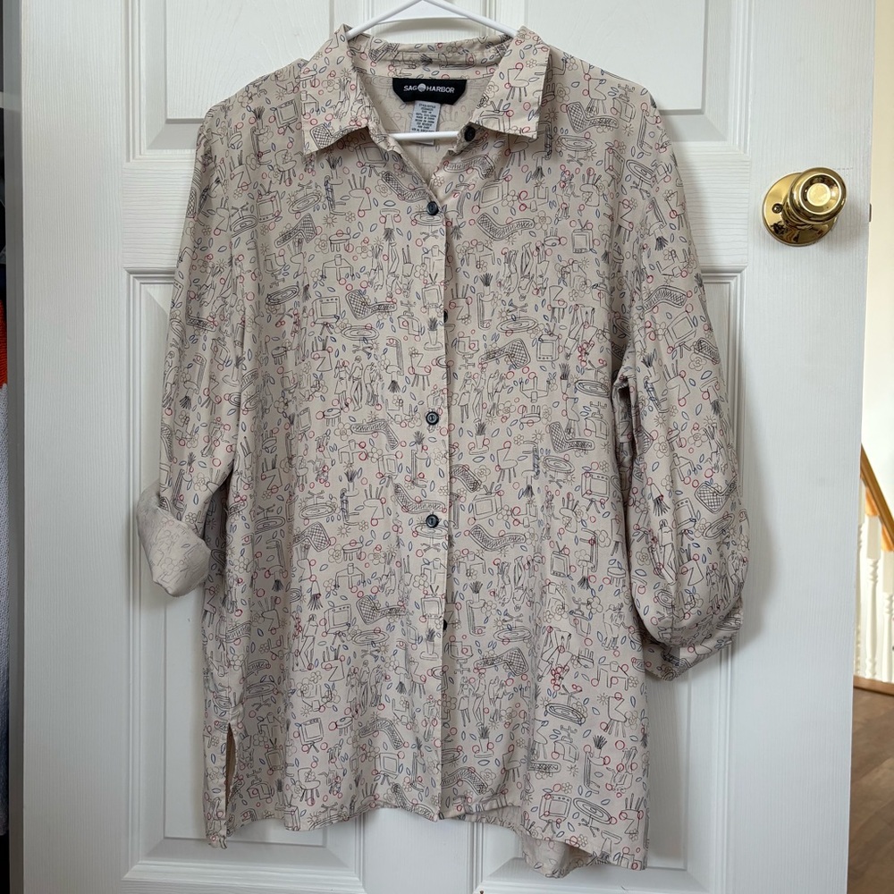 Sag Harbor Beige Button-Up Shirt with Red and Blue Mini Motif